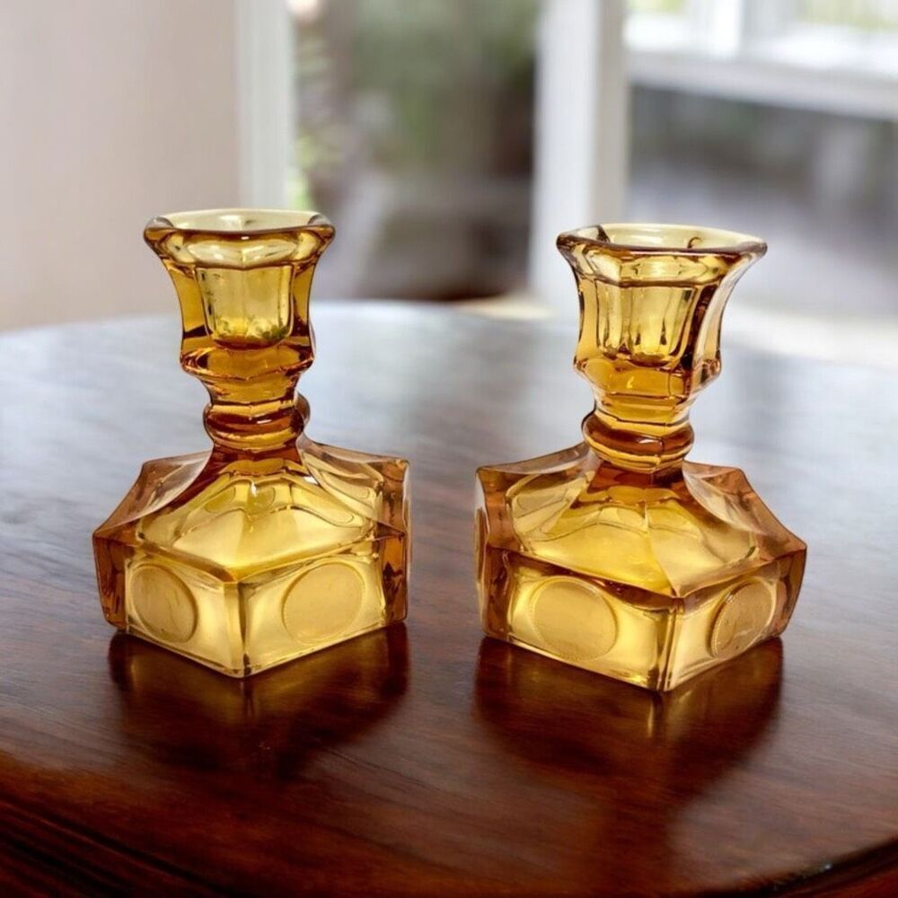 Set of 2 Vintage Amber Fostoria Coin Glass Candle Stick Holders 5” 4.5 INCH TALL